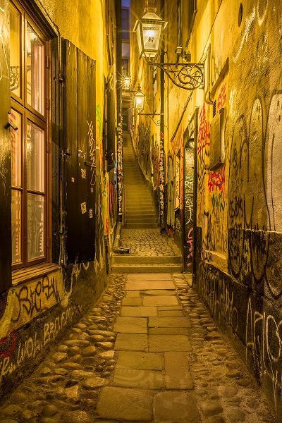 Bibikow, Walter 아티스트의 Sweden-Stockholm-Gamla Stan-Old Town-Marten Trotzigs Grand-narrowest street in Stockholm-evening작품입니다.
